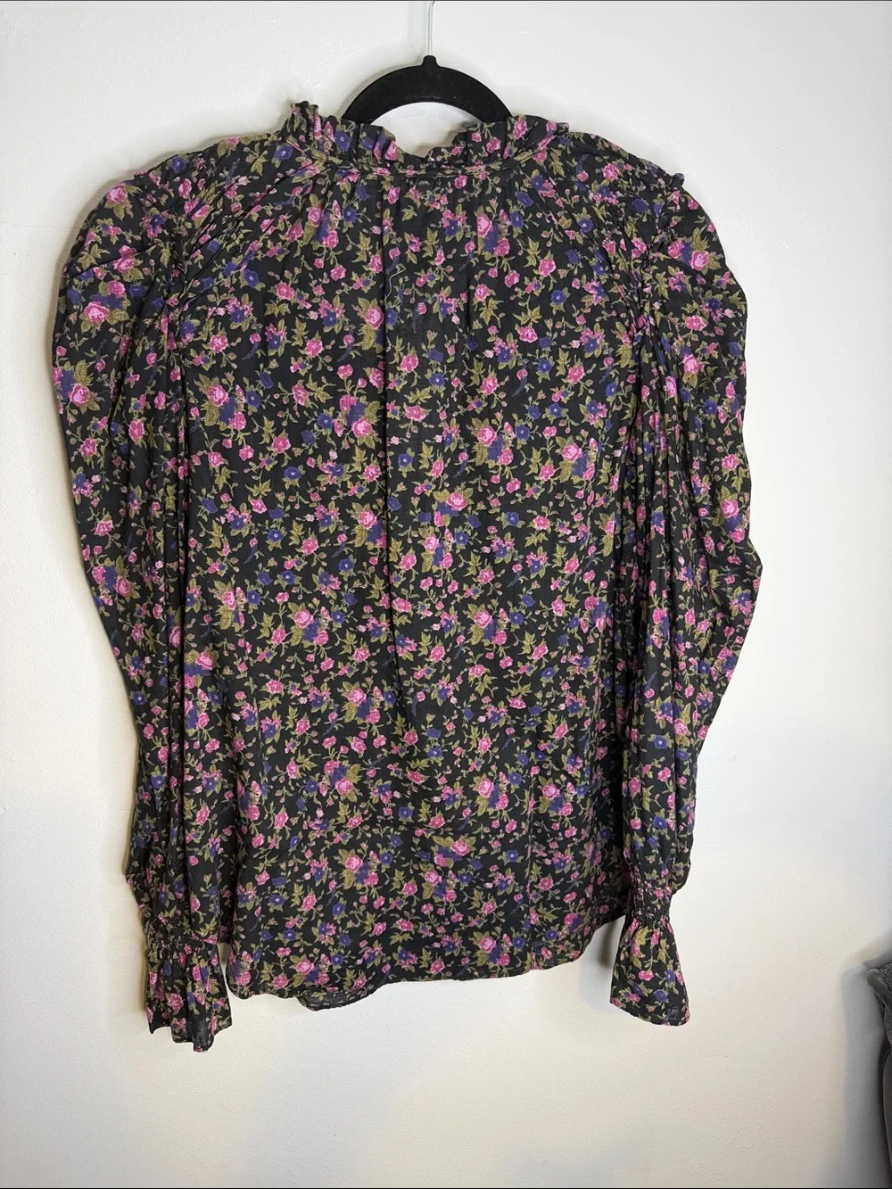 Free People Floral Ruffle Neck Long-Sleeve Blouse - Black with Purple Floral
